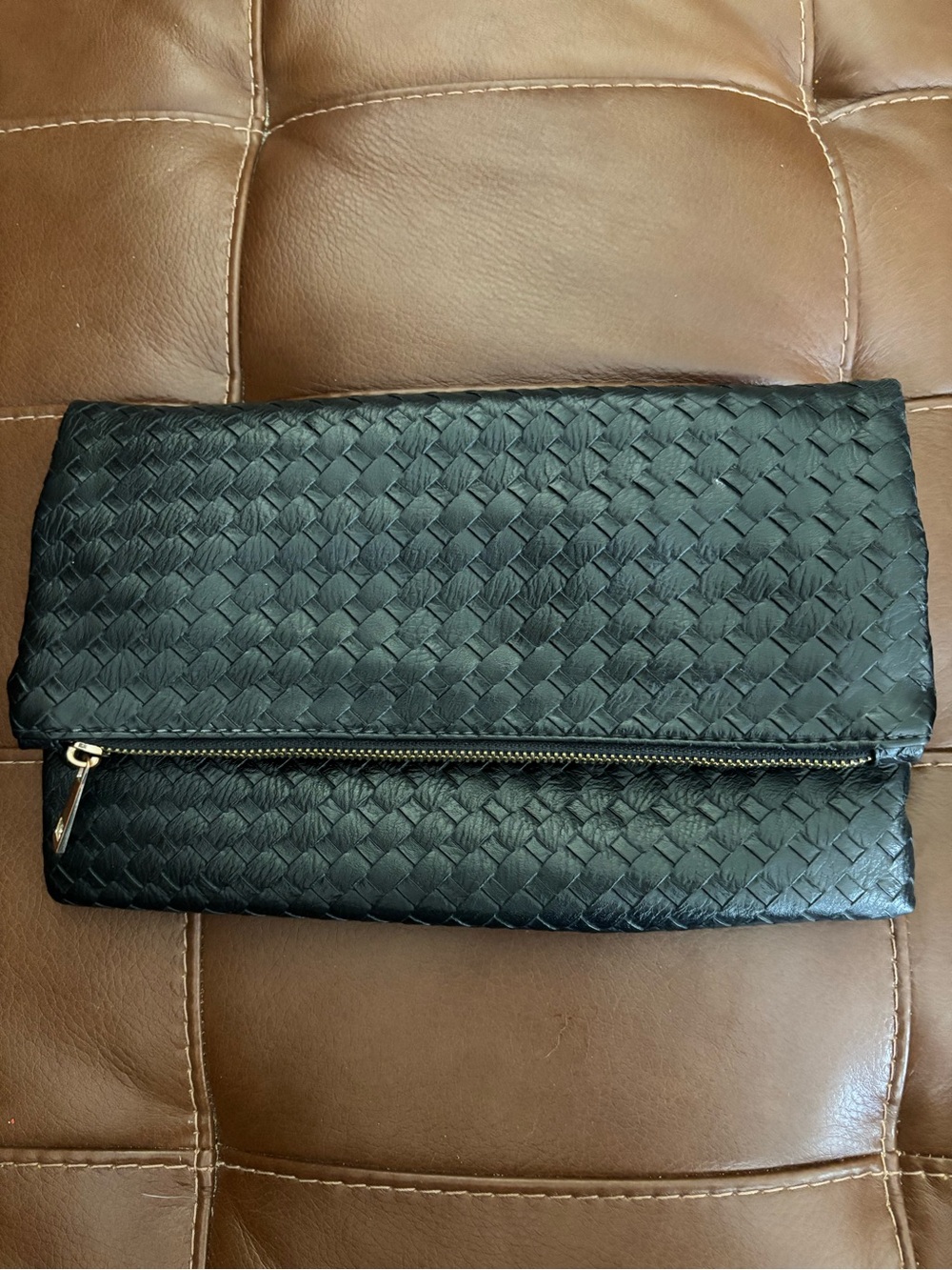 Woven Foldover Clutch Bag - Black